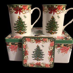 Spode Collectible NIB Pair Christmas Tree Mugs Coffee